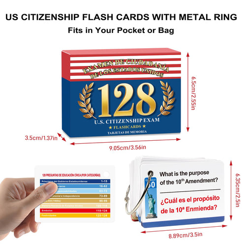2026 US Citizenship Flash Cards: 128 USCIS Questions & Answers, English-Spanish Bilingual Set with Metal Ring