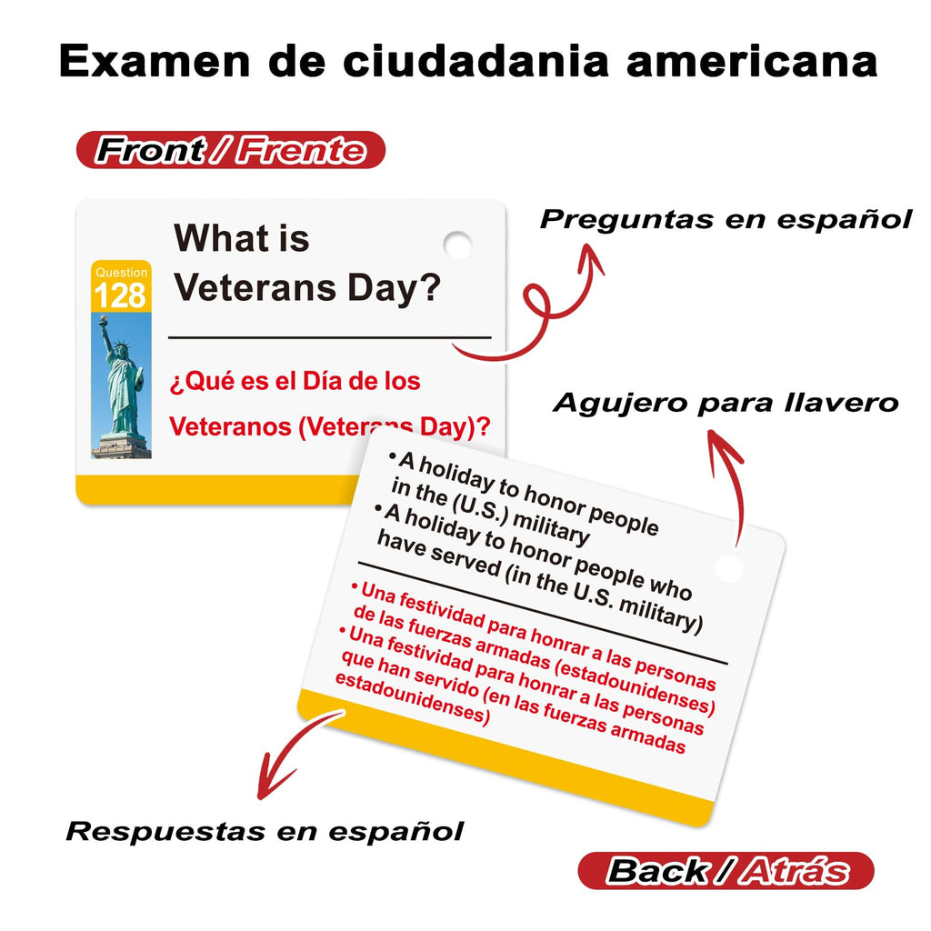 2026 US Citizenship Flash Cards: 128 USCIS Questions & Answers, English-Spanish Bilingual Set with Metal Ring