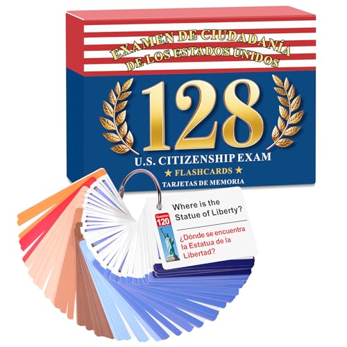 2026 US Citizenship Flash Cards: 128 USCIS Questions & Answers, English-Spanish Bilingual Set with Metal Ring