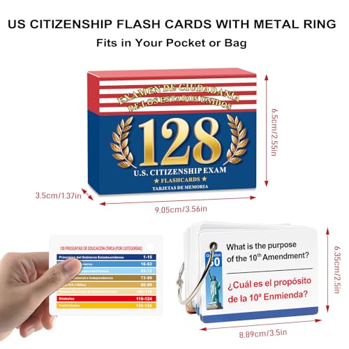 2026 US Citizenship Flash Cards: 128 USCIS Questions & Answers, English-Spanish Bilingual Set with Metal Ring