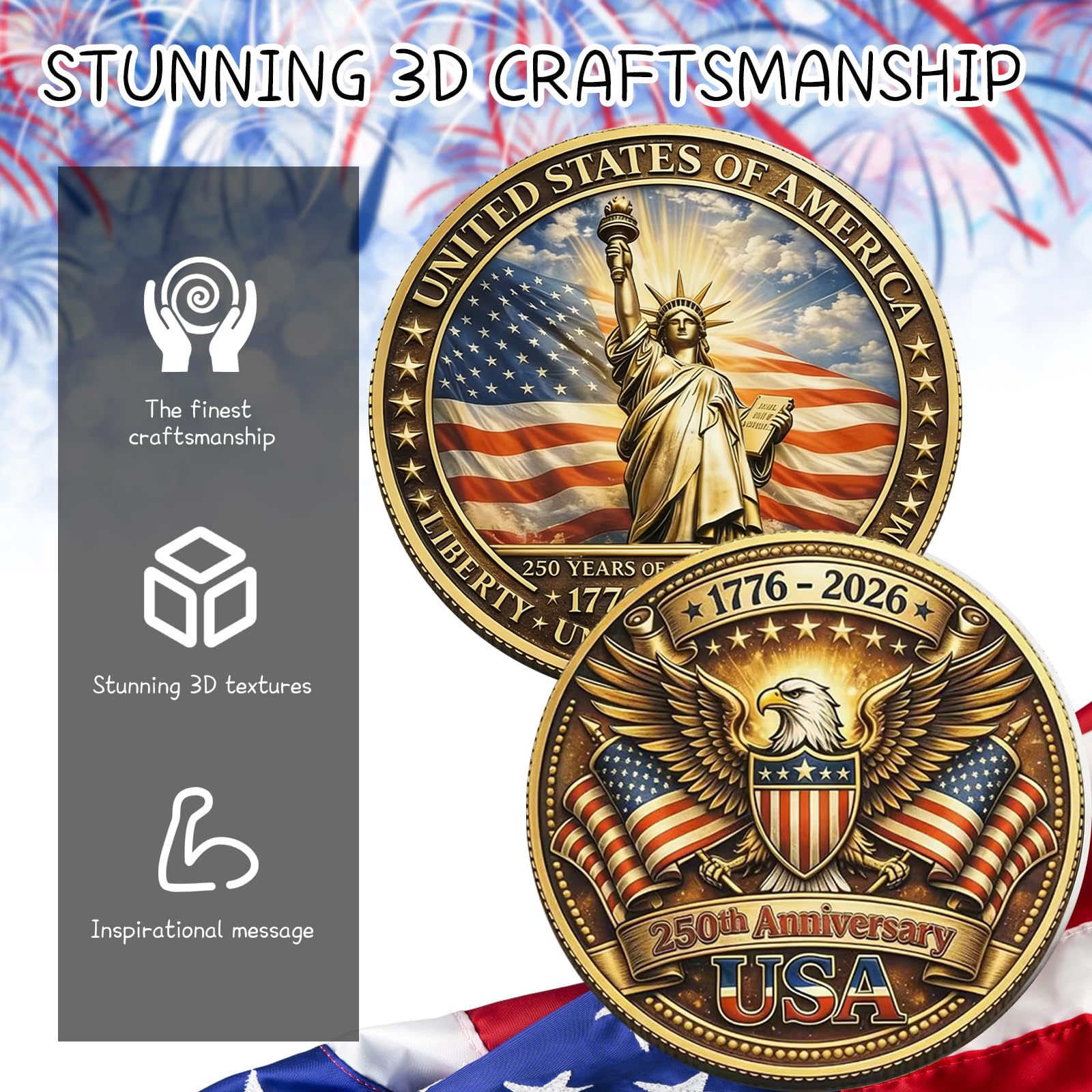 2026 USA 250th Anniversary Commemorative Challenge Token – Patriotic Collectible Coin with Flag & Balloons Design