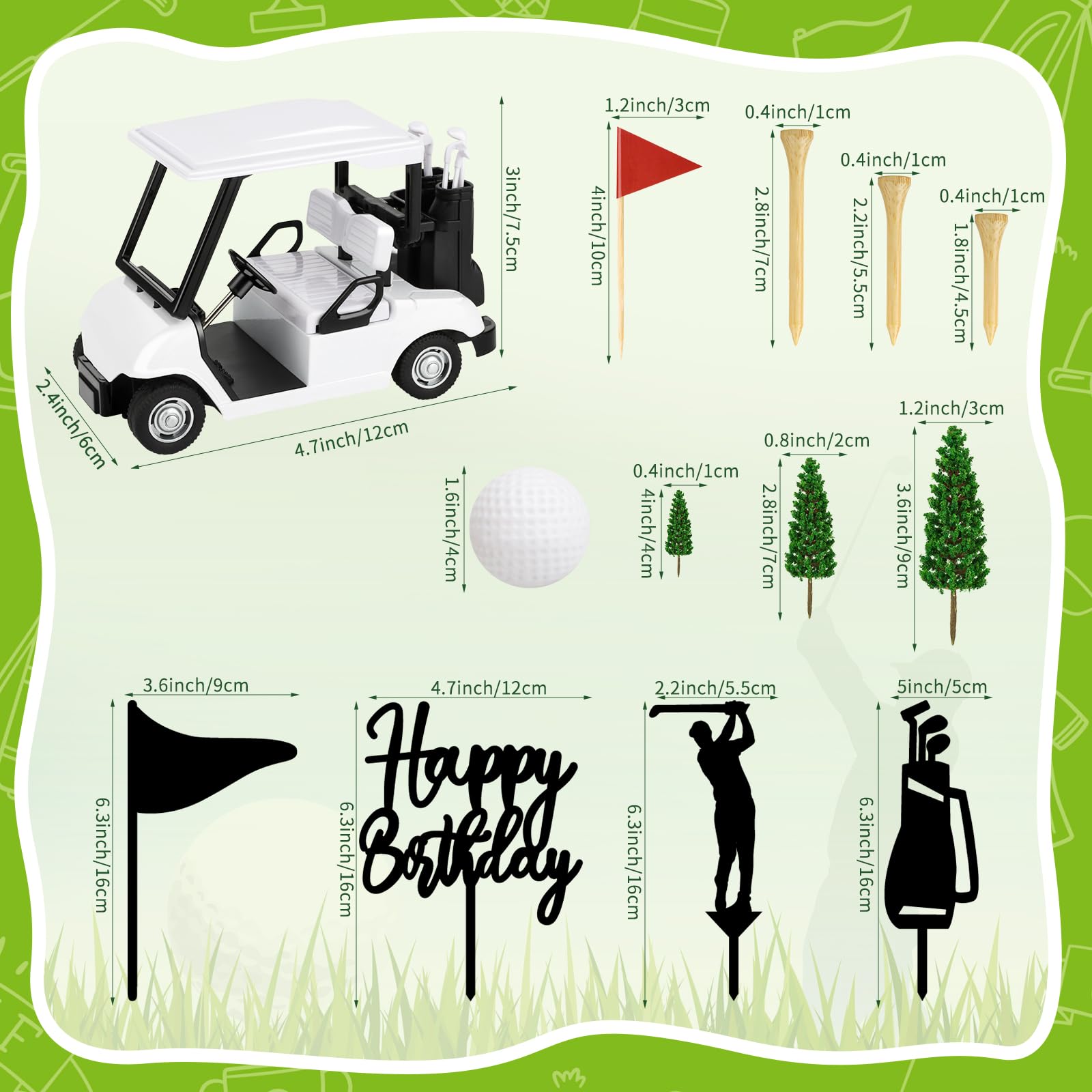 21-Piece Golf Cake Toppers Set with Mini Cart, Balls, Trees & Flags for Sports Birthday Party Decor