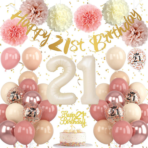 21st Birthday Decorations for Her – Retro Blush Pink Balloon Kit with Banner, Cake Topper, Pom Poms