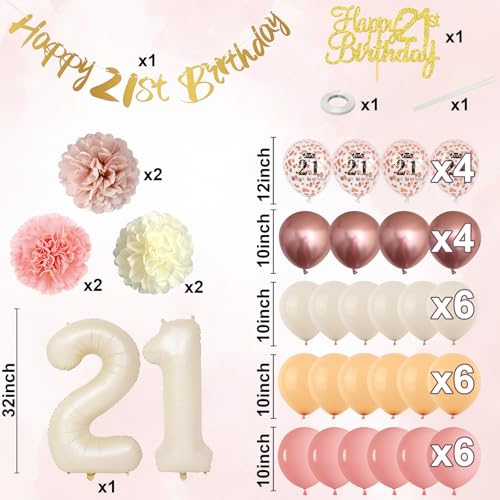 21st Birthday Decorations for Her – Retro Blush Pink Balloon Kit with Banner, Cake Topper, Pom Poms