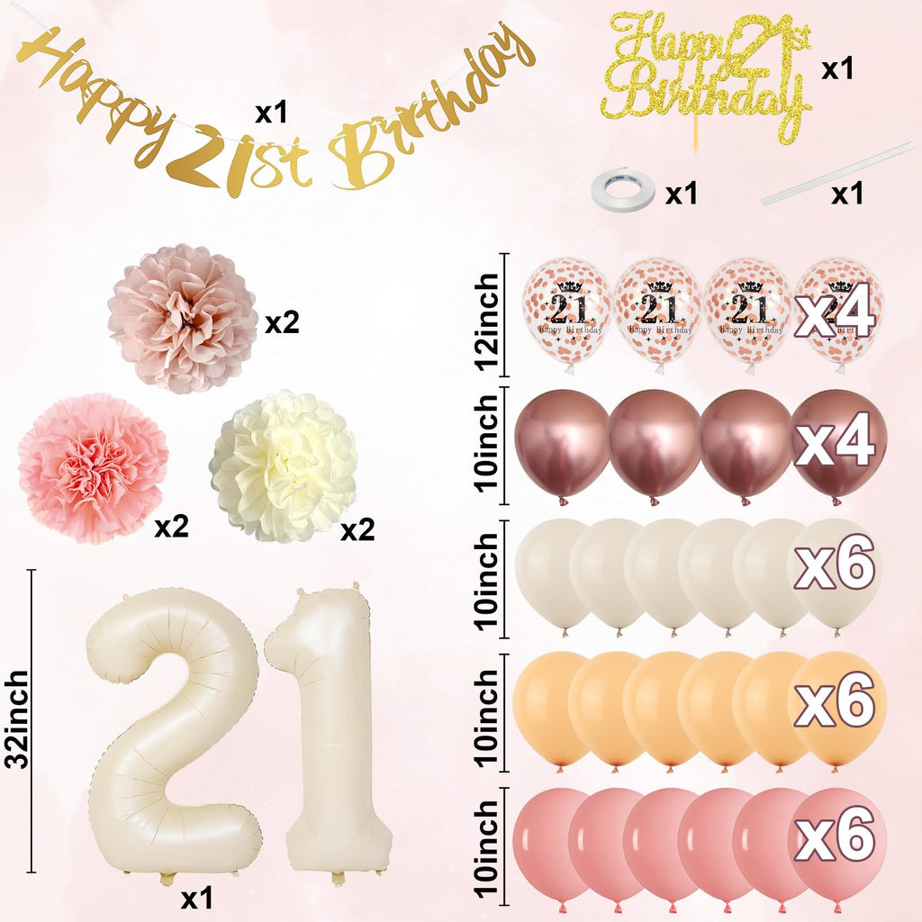 21st Birthday Decorations for Her – Retro Blush Pink Balloon Kit with Banner, Cake Topper, Pom Poms