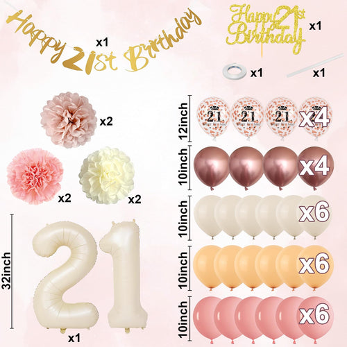 21st Birthday Decorations for Her – Retro Blush Pink Balloon Kit with Banner, Cake Topper, Pom Poms
