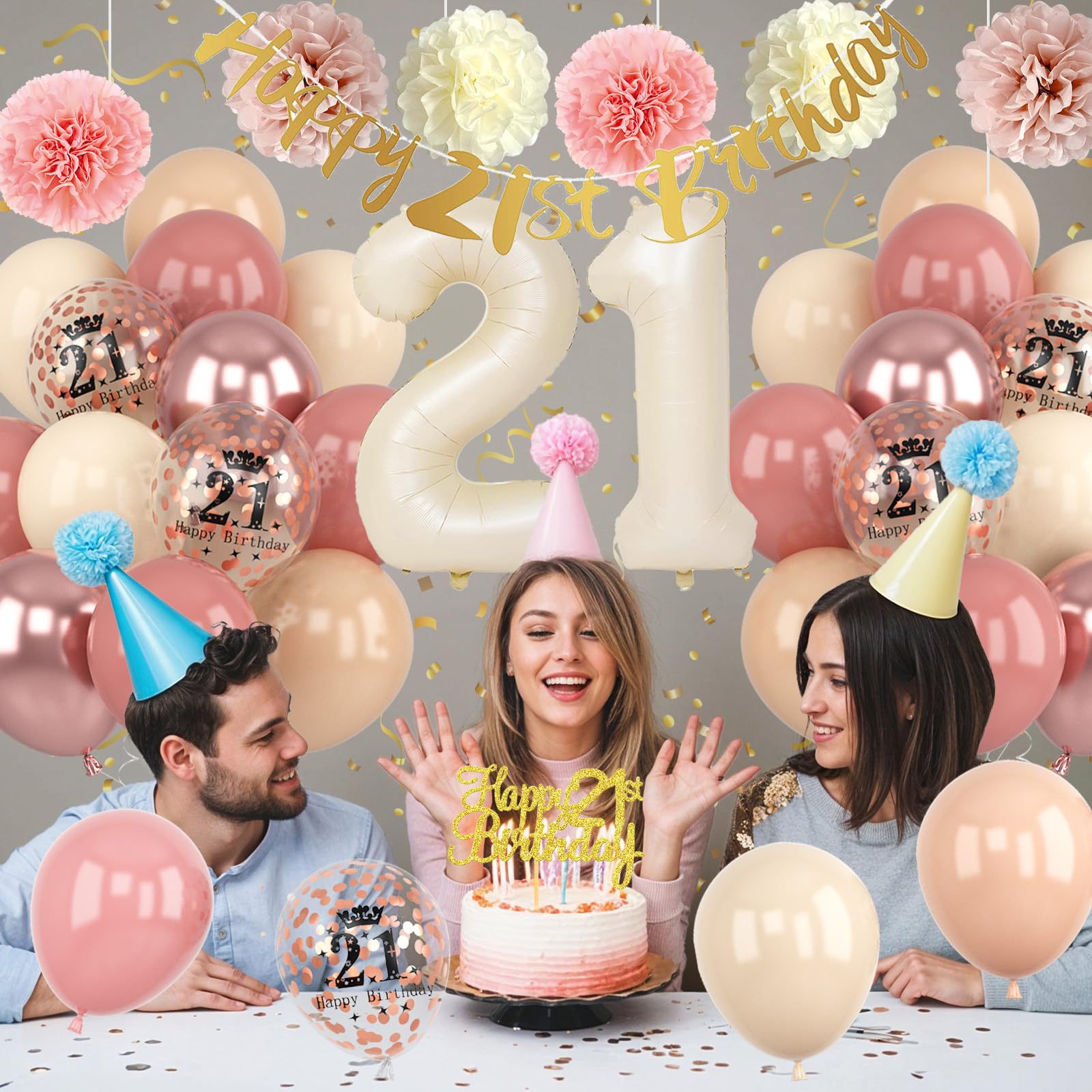 21st Birthday Decorations for Her – Retro Blush Pink Balloon Kit with Banner, Cake Topper, Pom Poms