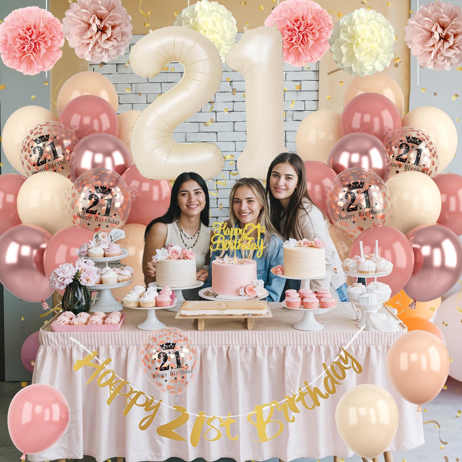 21st Birthday Decorations for Her – Retro Blush Pink Balloon Kit with Banner, Cake Topper, Pom Poms