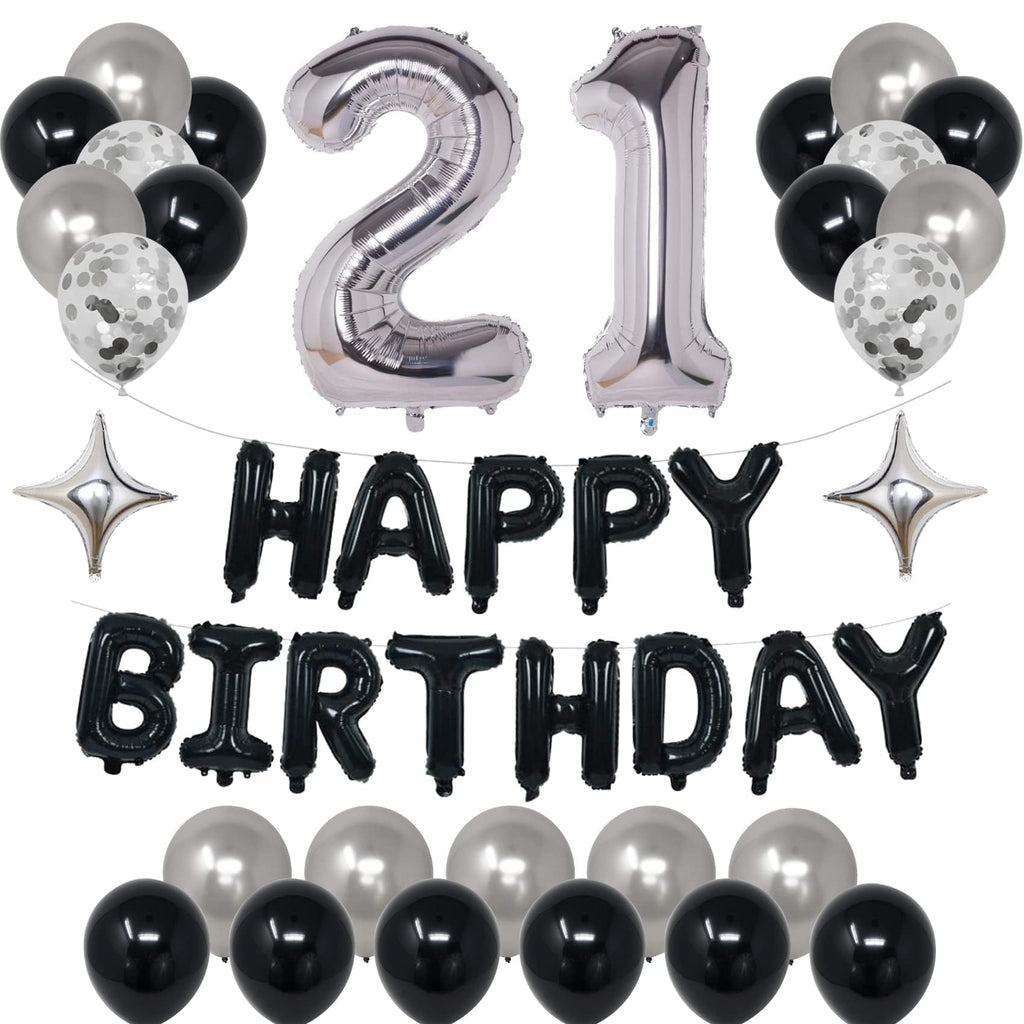 21st Birthday Decorations Kit – Black & Silver Foil Balloons, Banner and Confetti for Men & Women