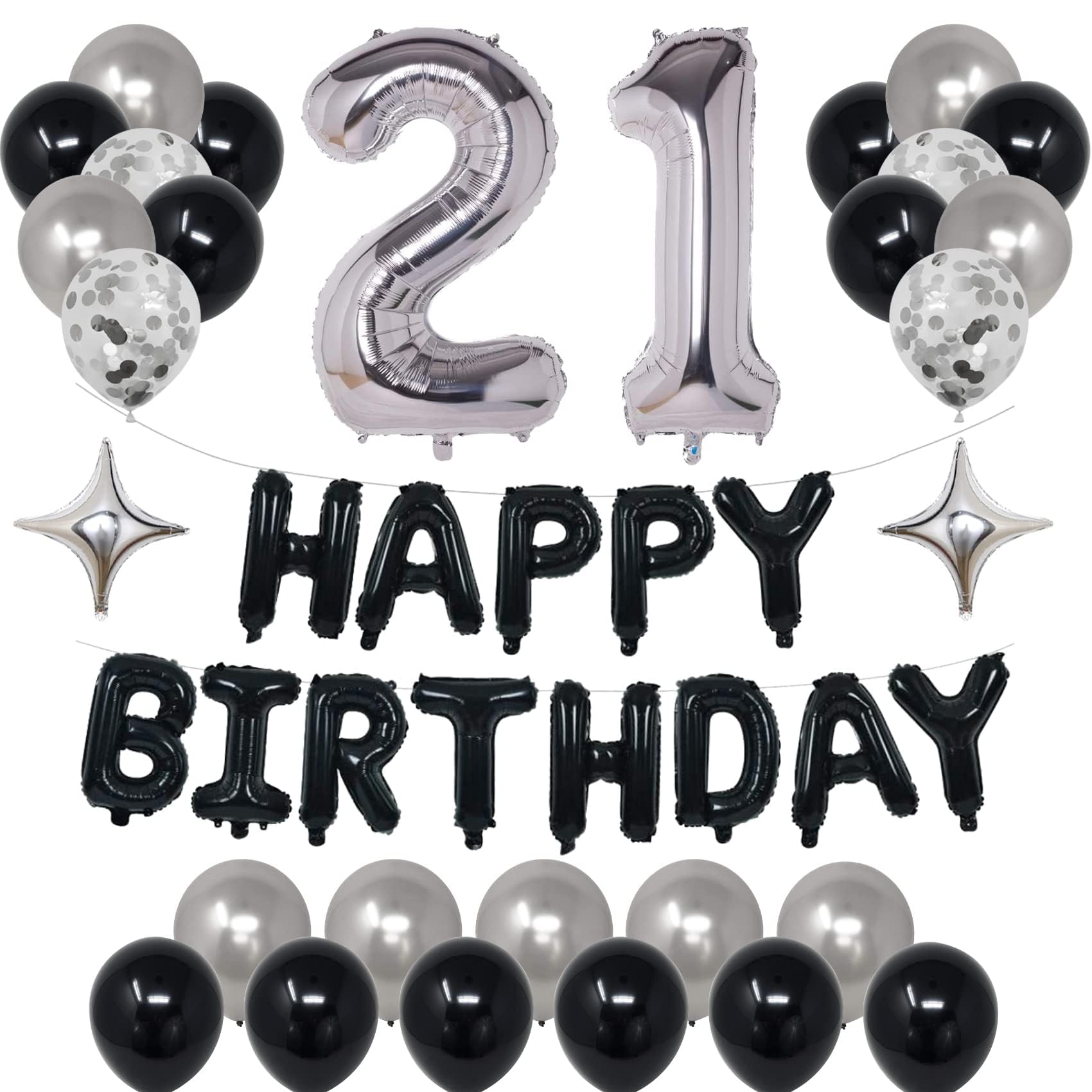 21st Birthday Decorations Kit – Black & Silver Foil Balloons, Banner and Confetti for Men & Women