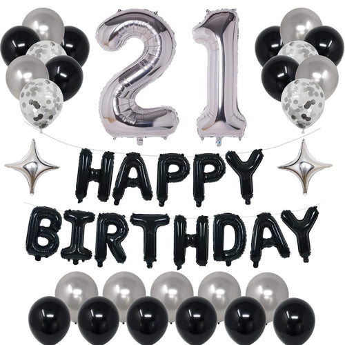 21st Birthday Decorations Kit – Black & Silver Foil Balloons, Banner and Confetti for Men & Women