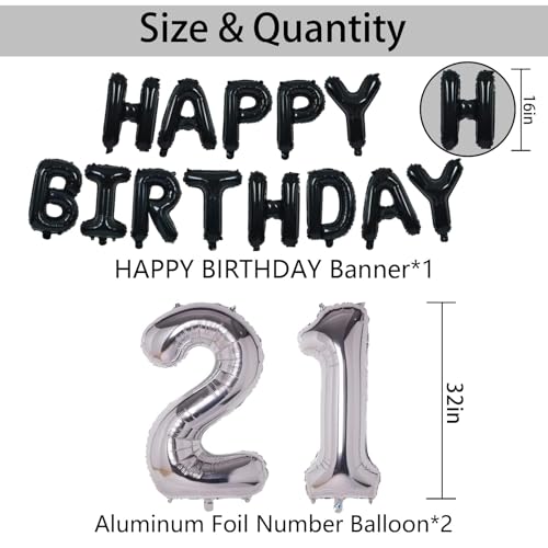 21st Birthday Decorations Kit – Black & Silver Foil Balloons, Banner and Confetti for Men & Women