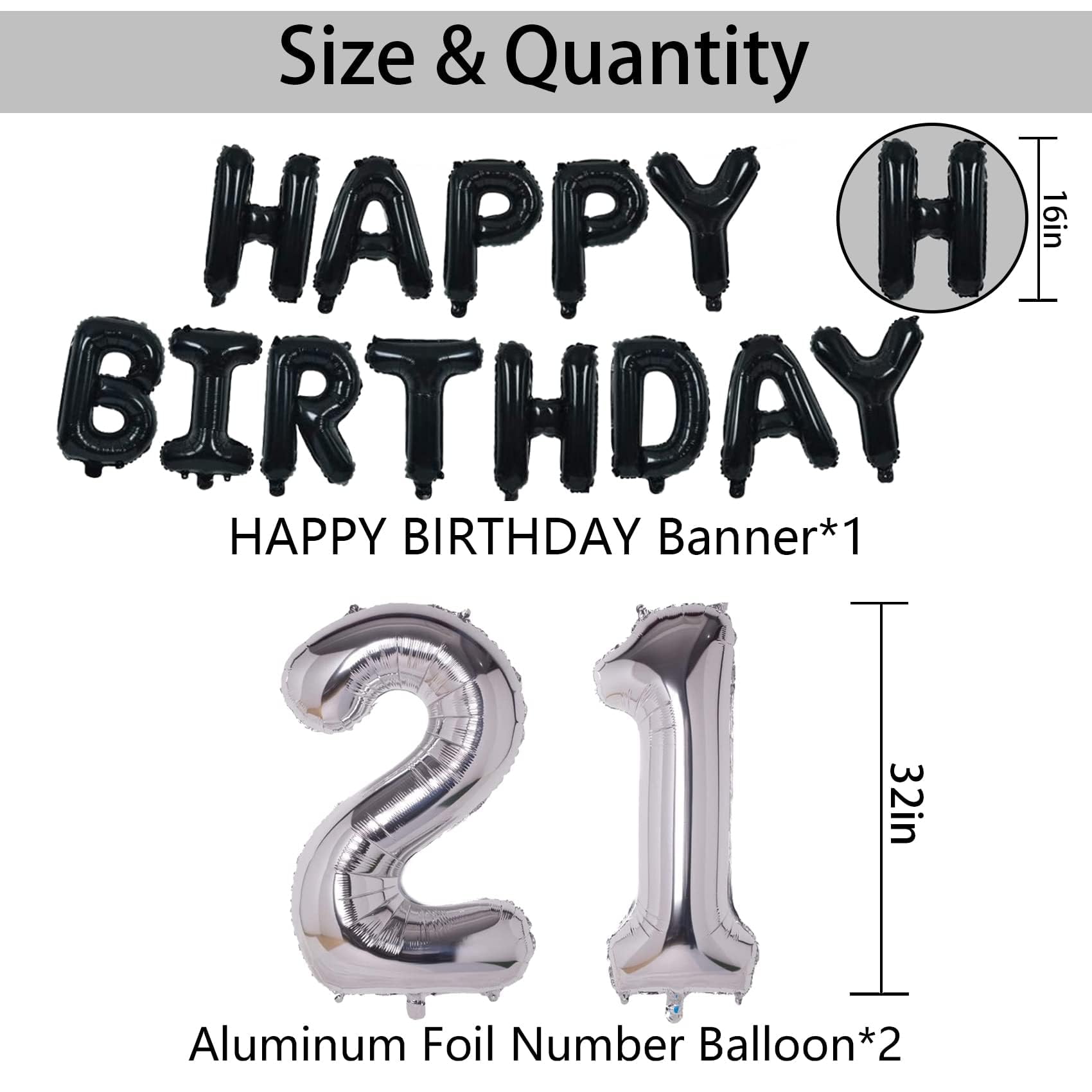 21st Birthday Decorations Kit – Black & Silver Foil Balloons, Banner and Confetti for Men & Women