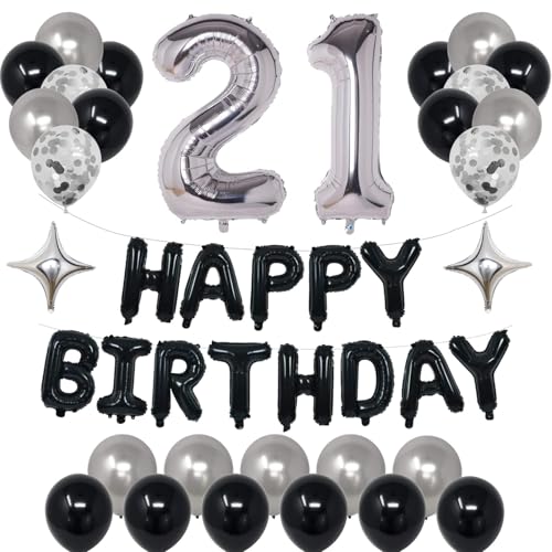 21st Birthday Decorations Kit – Black & Silver Foil Balloons, Banner and Confetti for Men & Women