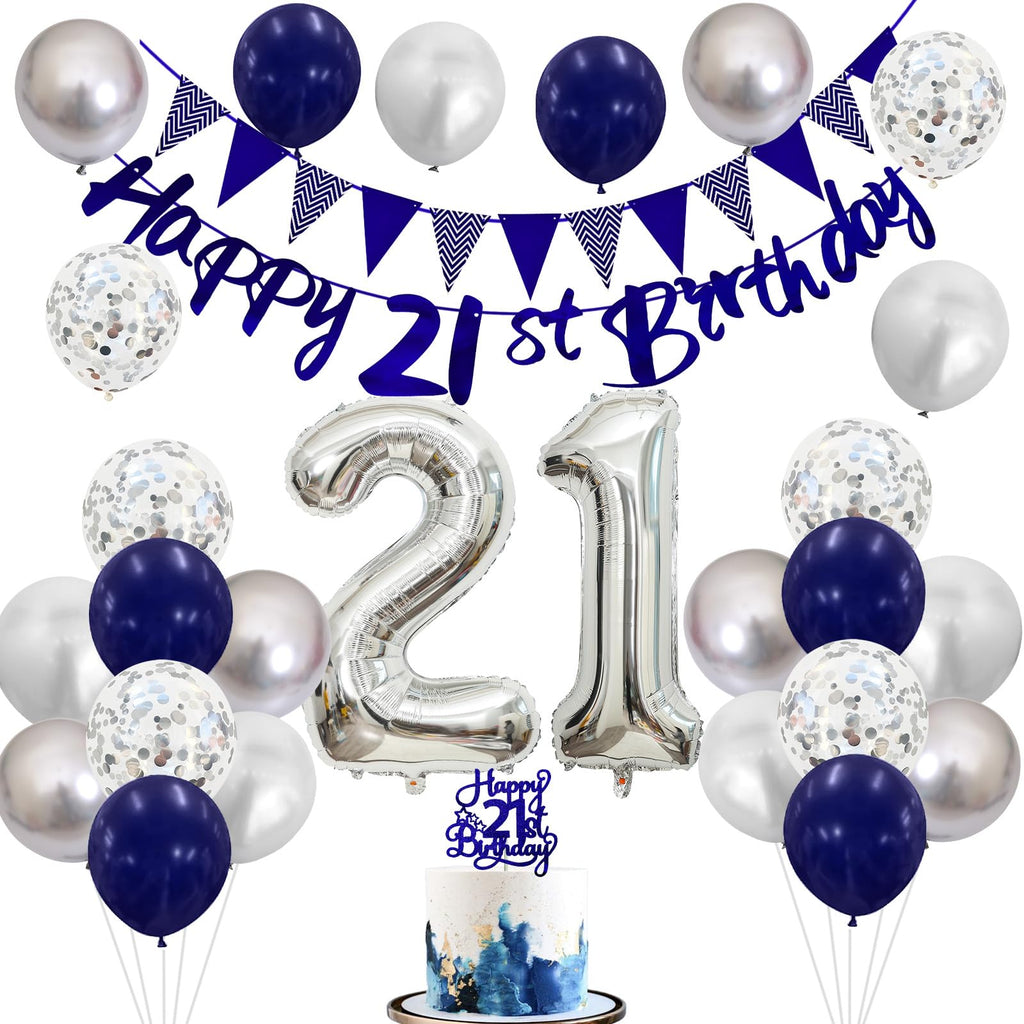 21st Birthday Decorations Set – Blue & Silver Banner, Balloons, Cake Topper for Him or Her