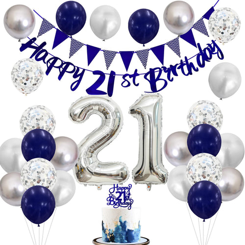 21st Birthday Decorations Set – Blue & Silver Banner, Balloons, Cake Topper for Him or Her