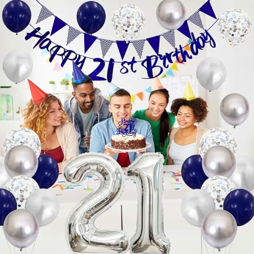 21st Birthday Decorations Set – Blue & Silver Banner, Balloons, Cake Topper for Him or Her