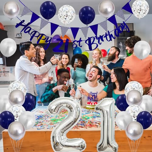 21st Birthday Decorations Set – Blue & Silver Banner, Balloons, Cake Topper for Him or Her