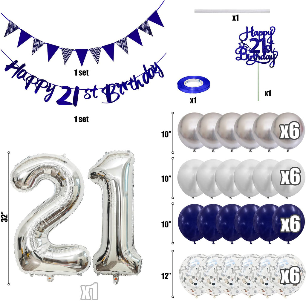 21st Birthday Decorations Set – Blue & Silver Banner, Balloons, Cake Topper for Him or Her