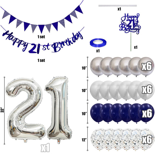 21st Birthday Decorations Set – Blue & Silver Banner, Balloons, Cake Topper for Him or Her