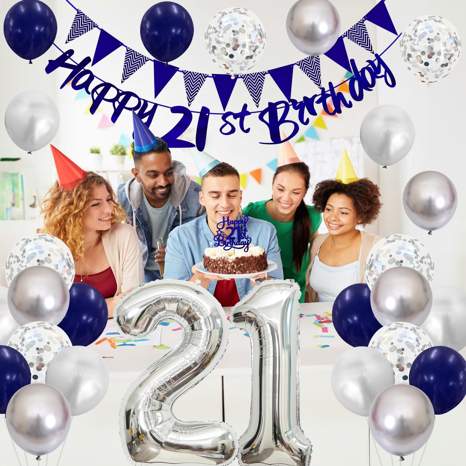 21st Birthday Decorations Set – Blue & Silver Banner, Balloons, Cake Topper for Him or Her