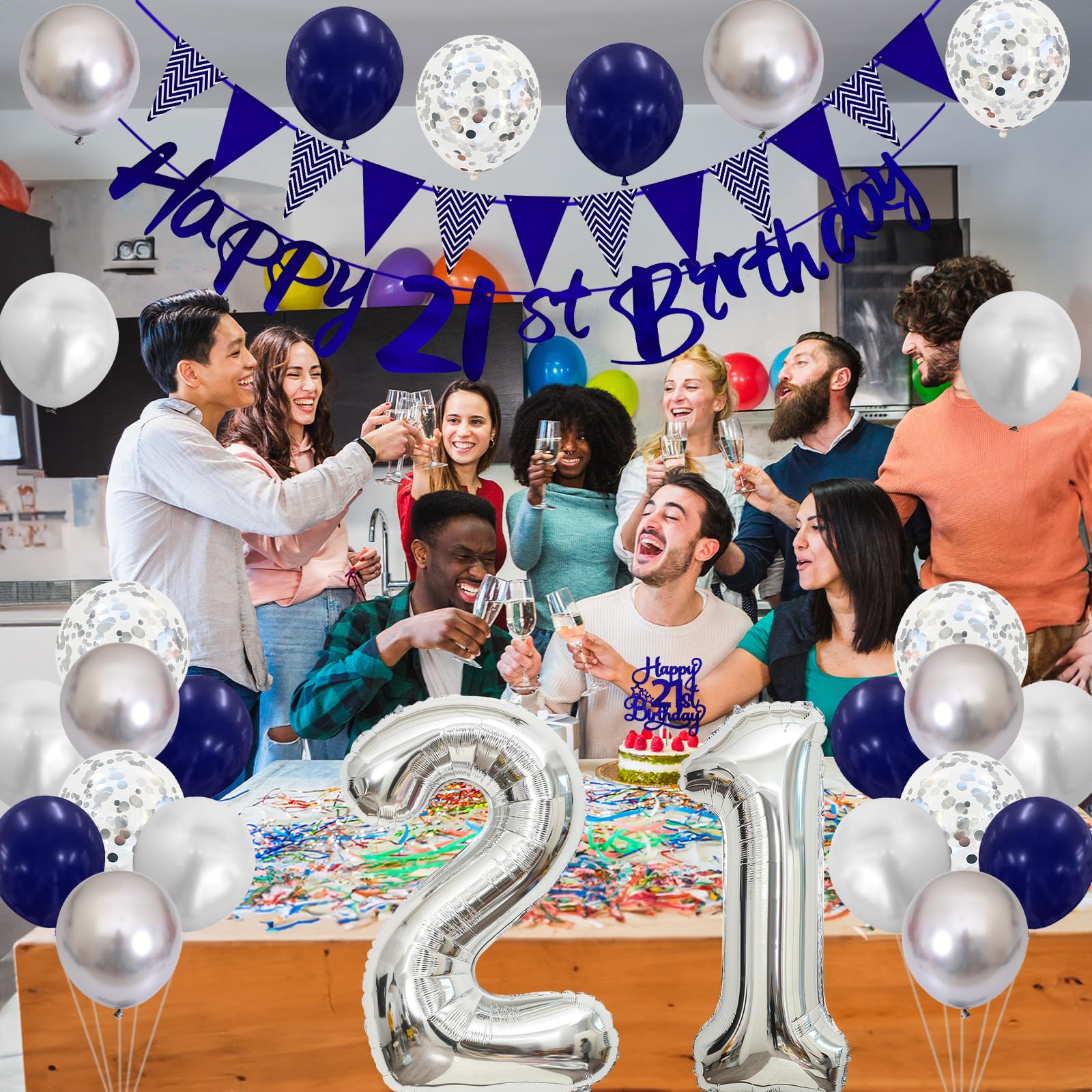 21st Birthday Decorations Set – Blue & Silver Banner, Balloons, Cake Topper for Him or Her