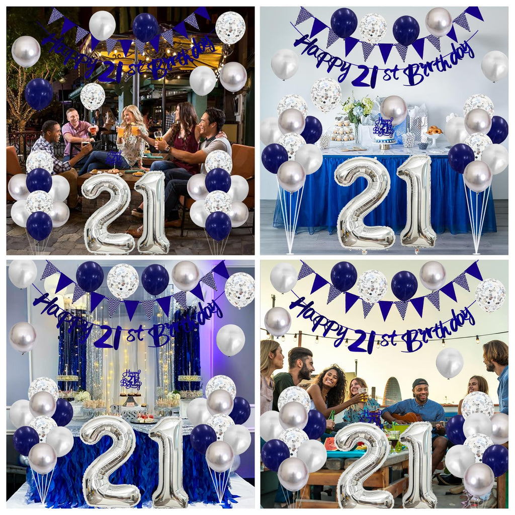 21st Birthday Decorations Set – Blue & Silver Banner, Balloons, Cake Topper for Him or Her