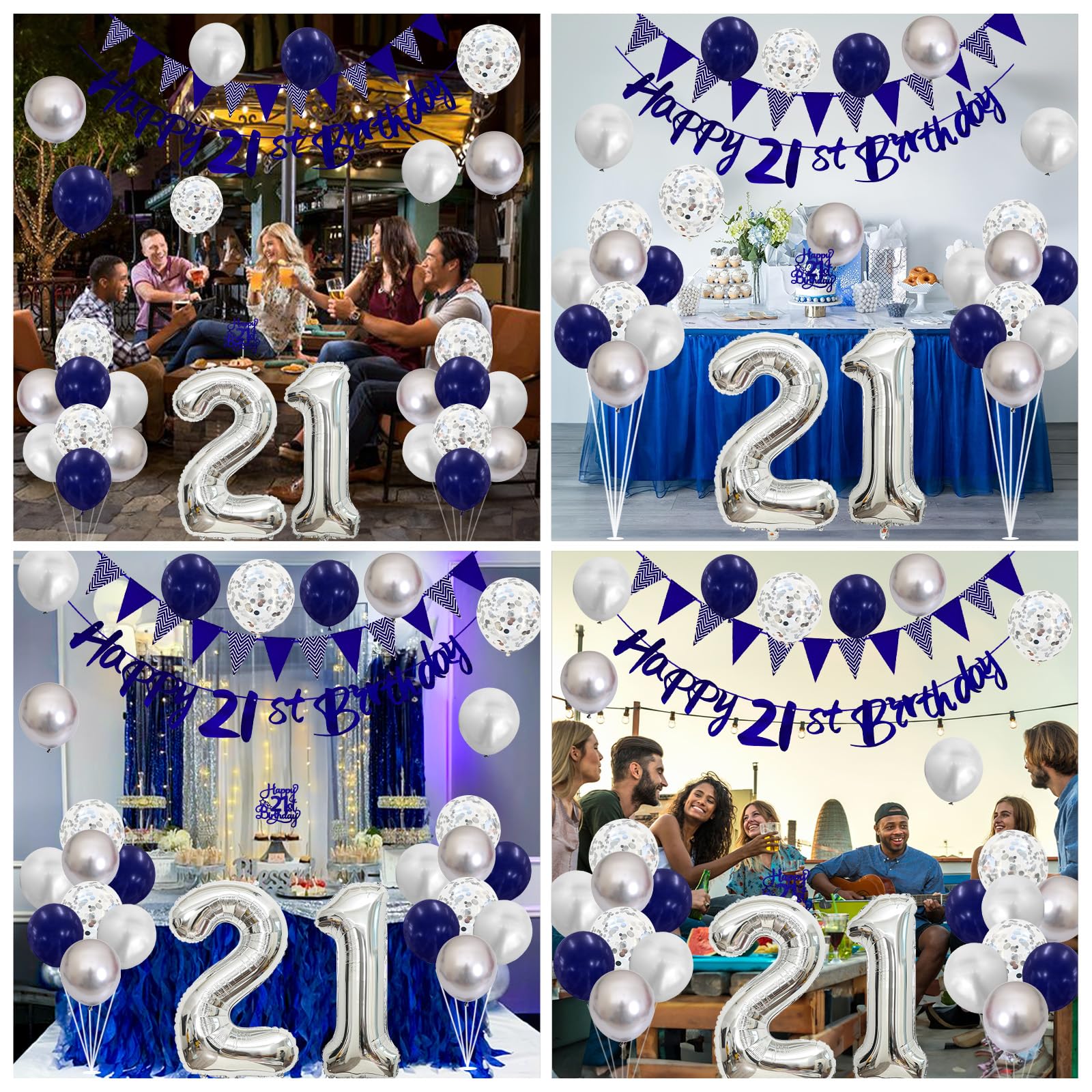 21st Birthday Decorations Set – Blue & Silver Banner, Balloons, Cake Topper for Him or Her