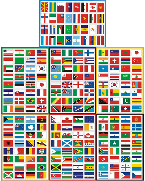 224 Country Flag Stickers - Waterproof PVC, Pre-Cut, 7 Sheets, Travel Decor
