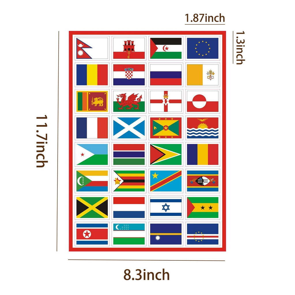 224 Country Flag Stickers - Waterproof PVC, Pre-Cut, 7 Sheets, Travel Decor