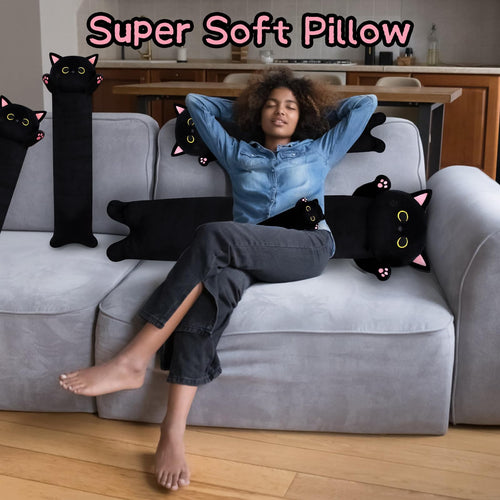 22.5-Inch Long Black Cat Plush Pillow - Super Soft Stuffed Animal for Hugging, Gift for Kids & Adults