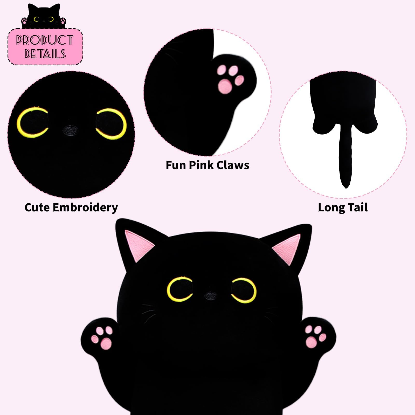 22.5-Inch Long Black Cat Plush Pillow - Super Soft Stuffed Animal for Hugging, Gift for Kids & Adults