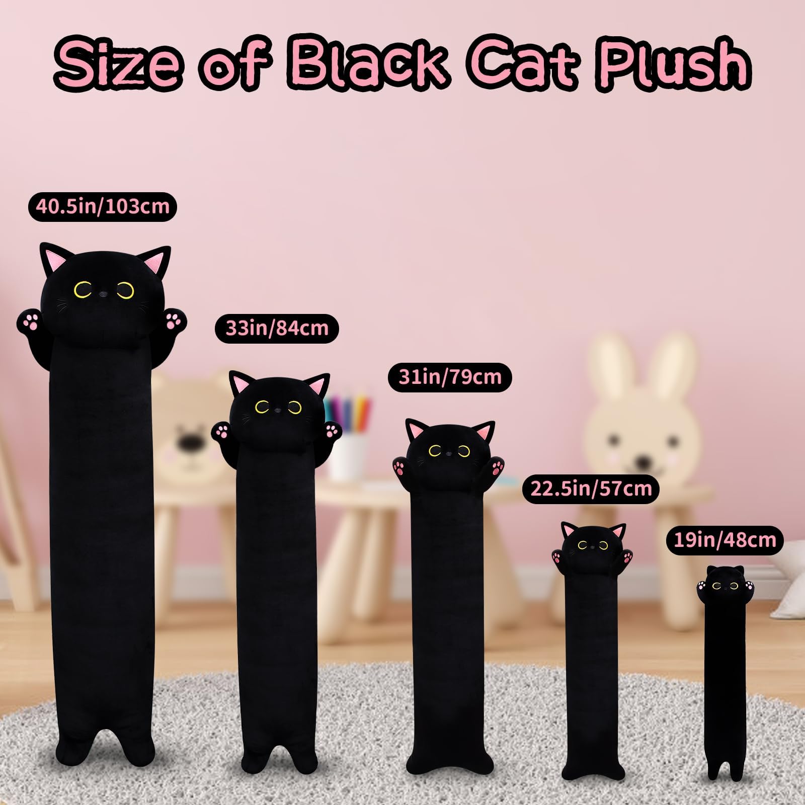 22.5-Inch Long Black Cat Plush Pillow - Super Soft Stuffed Animal for Hugging, Gift for Kids & Adults