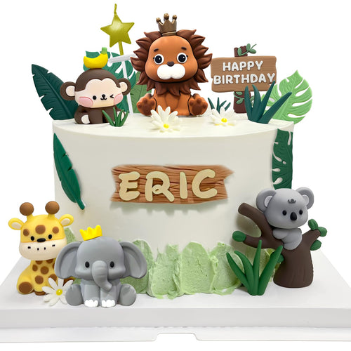 22PCS Safari Animal Cake Toppers – Wild One Jungle Theme with 5 Rubber Animals and Leaves