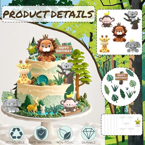 22PCS Safari Animal Cake Toppers – Wild One Jungle Theme with 5 Rubber Animals and Leaves