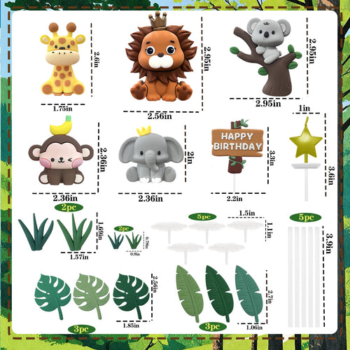 22PCS Safari Animal Cake Toppers – Wild One Jungle Theme with 5 Rubber Animals and Leaves