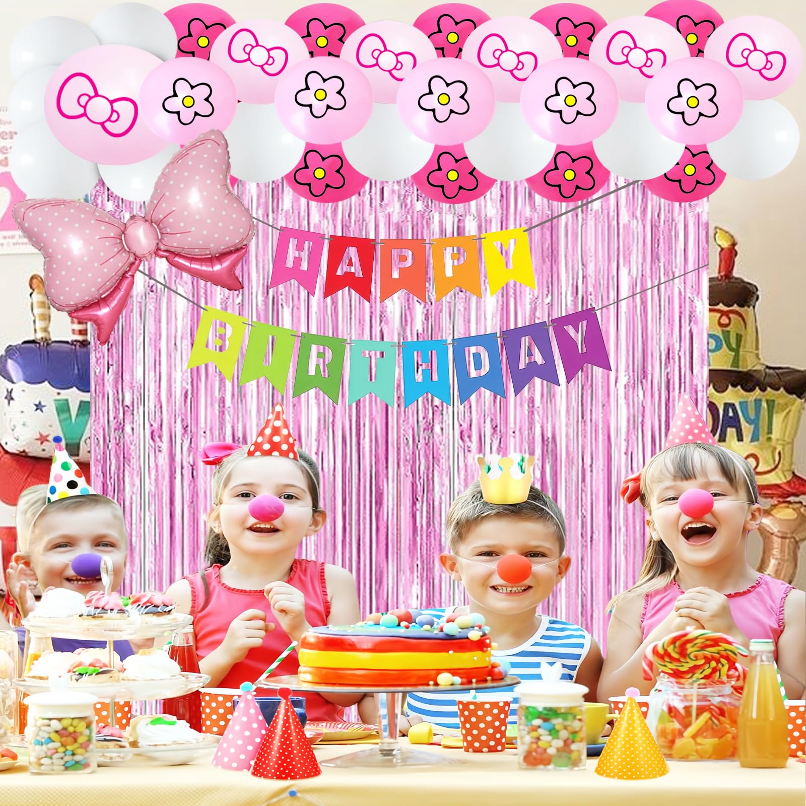 23-Piece Pink Cat Theme Party Decorations Set - Tinsel Foil Fringe Curtains, Balloons & More by OPQKC