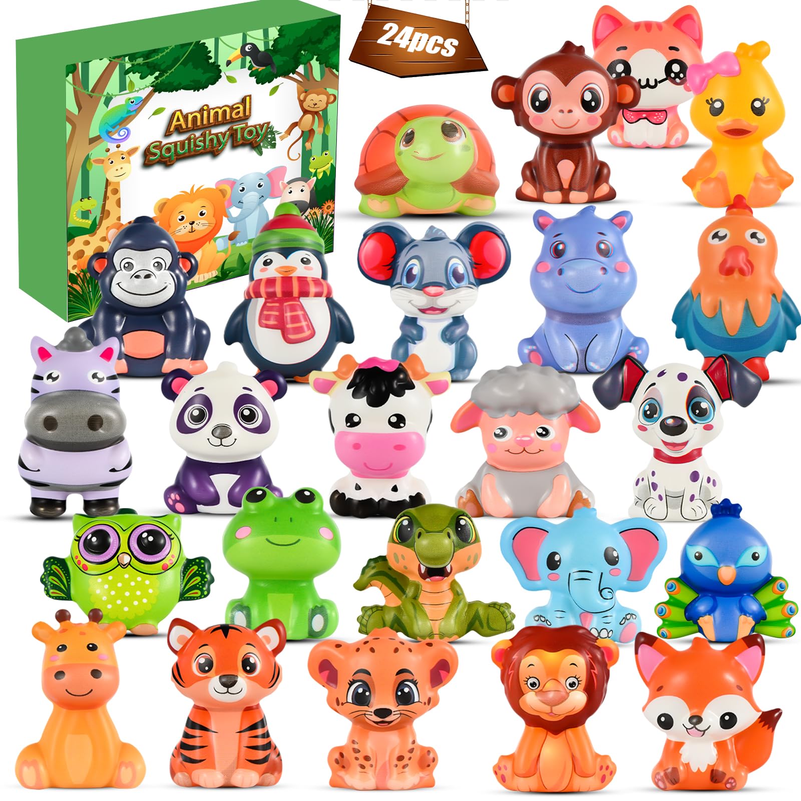 24 Animal Squishy Toys for Kids Party Favors – 24-Pack Safari Wild Animal Squishies for Goodie Bags, Pinata Fillers, Classroom Prizes, Stocking Stuffers