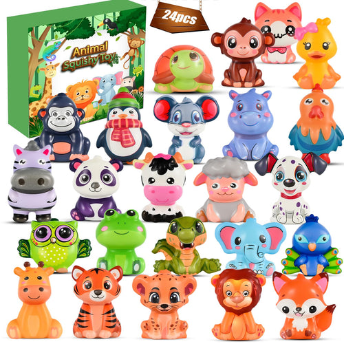 24 Animal Squishy Toys for Kids Party Favors – 24-Pack Safari Wild Animal Squishies for Goodie Bags, Pinata Fillers, Classroom Prizes, Stocking Stuffers