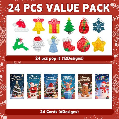 24 Christmas Mini Pop Keychain Fidget Toys with 24 Cards – Silicone Stress Reliever for Kids and Adults, Party Favors