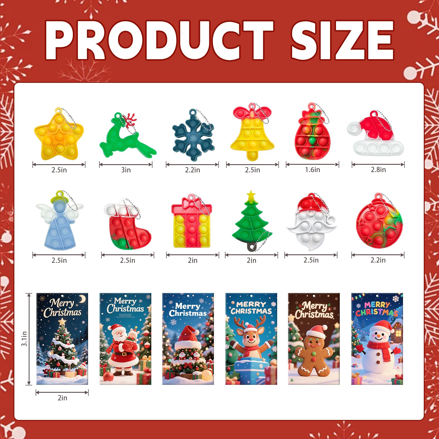 24 Christmas Mini Pop Keychain Fidget Toys with 24 Cards – Silicone Stress Reliever for Kids and Adults, Party Favors