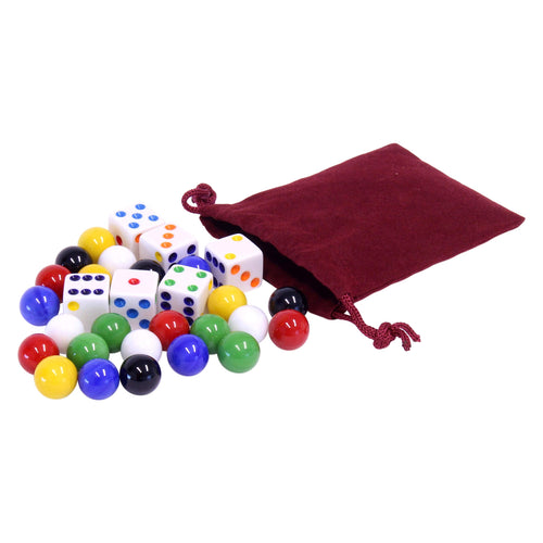 24 Glass Marbles (9/16") and 6 Dice Set for Aggravation Game – Replacement Pieces in Cloth Pouch