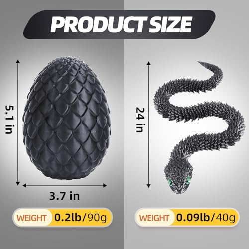 24-Inch 3D Printed Snake Fidget Toy with Dragon Egg – Stress Relief Desk Decor (Black)