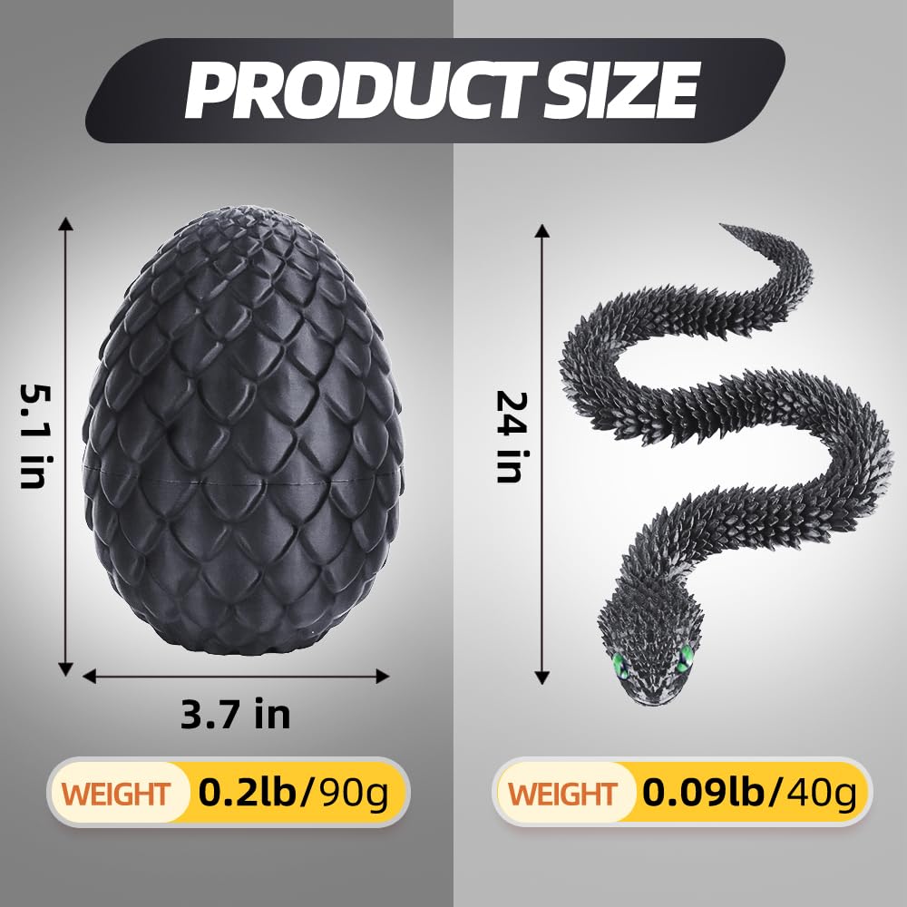 24-Inch 3D Printed Snake Fidget Toy with Dragon Egg – Stress Relief Desk Decor (Black)