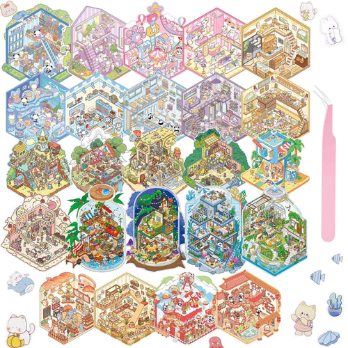 24 Kawaii 3D Sticker Scenes for Adults – DIY Sticker Therapy Set with Background Boards and Tweezer