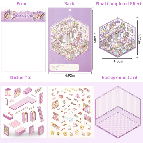 24 Kawaii 3D Sticker Scenes for Adults – DIY Sticker Therapy Set with Background Boards and Tweezer