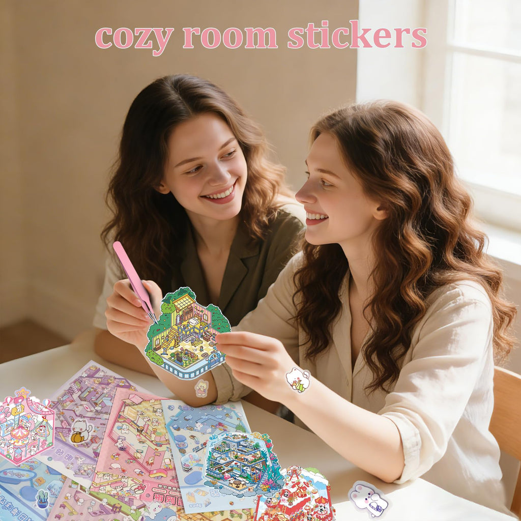 24 Kawaii 3D Sticker Scenes for Adults – DIY Sticker Therapy Set with Background Boards and Tweezer