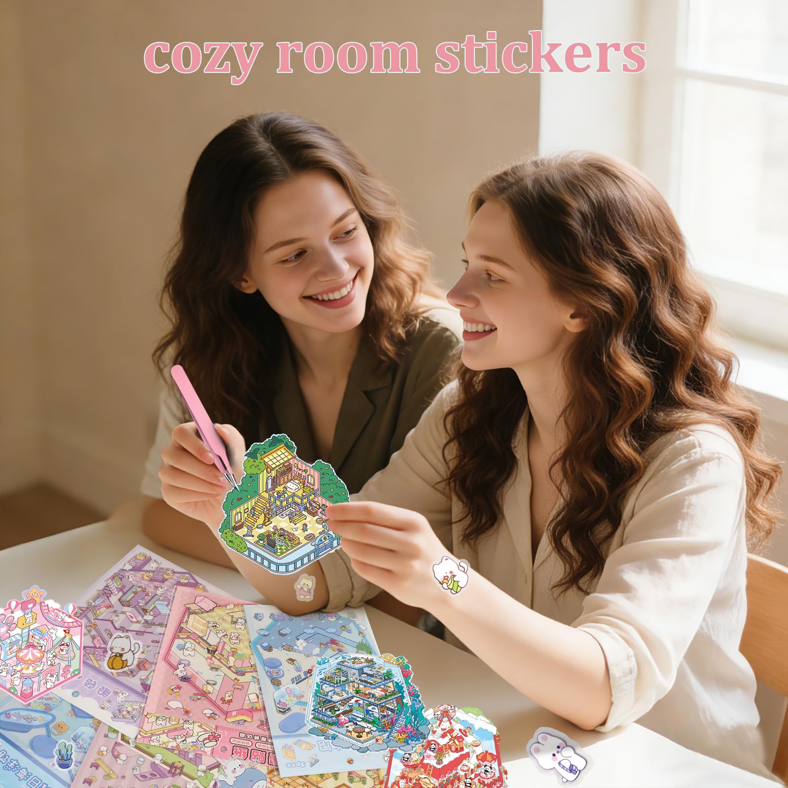 24 Kawaii 3D Sticker Scenes for Adults – DIY Sticker Therapy Set with Background Boards and Tweezer