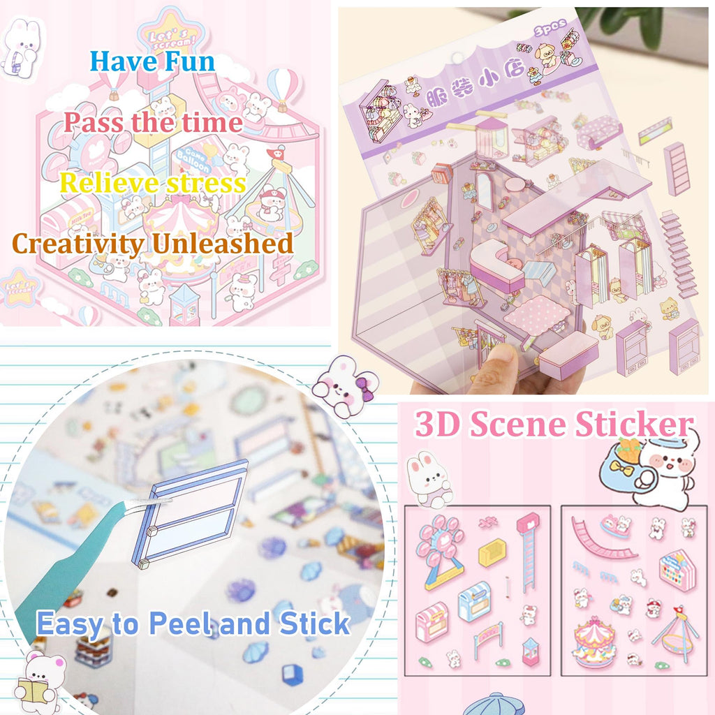 24 Kawaii 3D Sticker Scenes for Adults – DIY Sticker Therapy Set with Background Boards and Tweezer