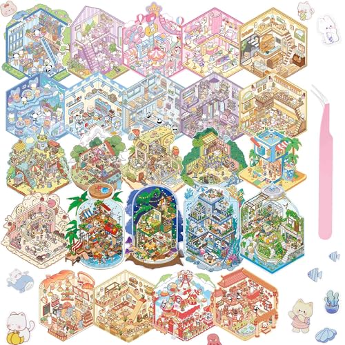 24 Kawaii 3D Sticker Scenes for Adults – DIY Sticker Therapy Set with Background Boards and Tweezer